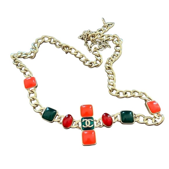 Gold  color Chain Belt with Red and Green Accents - Picture 1 of 8